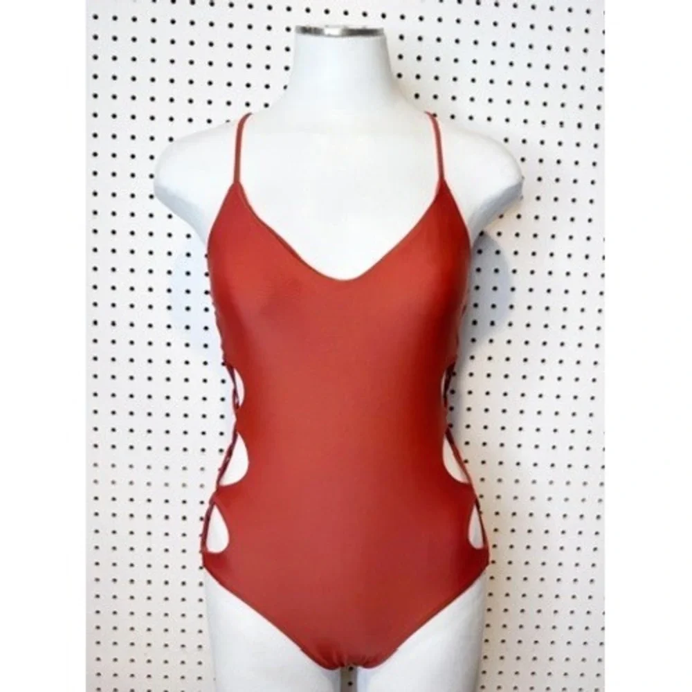 Body Glove | Rust Orange Lattice Side Cutout One Piece Swimsuit‎ V-Neck